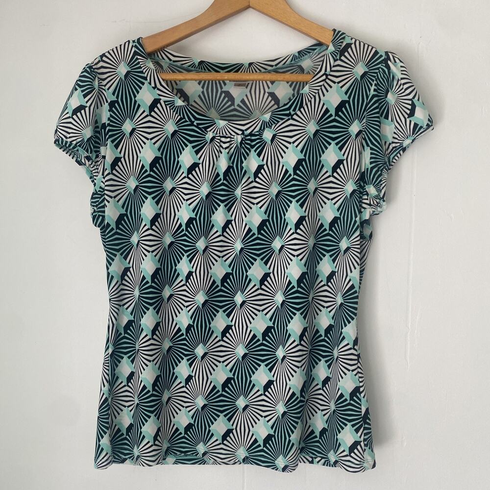 Worthington Top XL Womens Geometric Blue SS Puff Pullover Blouse Colorful Print